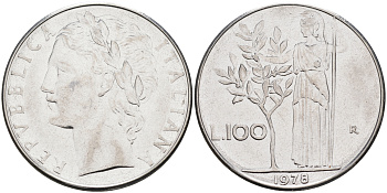 Италия 100 лир 1978 R, Афина KM 96.1 нержавеющая сталь 4117-336