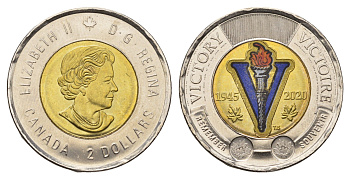 Канада 2 доллара 2020 75 лет победе во Второй Мировой войне, Цветное покрытие KM 2924.1 биметалл UNC 4673-534
