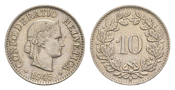 Швейцария 10 раппенов 1945 B KM 27 медно-никель 4627-1246