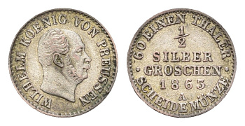 Пруссия 1/2 серебряных гроша 1863 A, Вильгельм I (1861-1888) KM 484 серебро 1531-1512