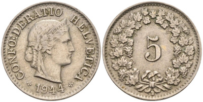 Швейцария 5 раппенов 1944 В KM 26 медно-никель 4594-614