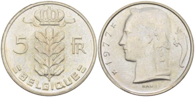 БЕЛЬГИЯ 5 ФРАНКОВ 1977 BELGIQUE, БОДУЭН I (1951-1993) KM 134.1 медно-никель 4178-425