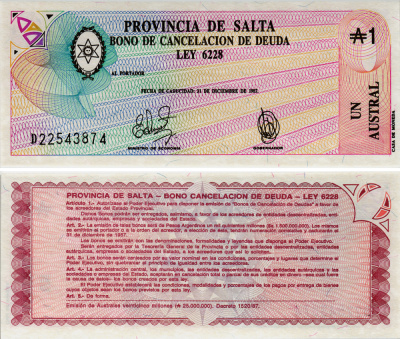 Аргентина, провинция Сальта 1 аустраль 1987 Pick S 2612е бумага UNC (пресс) 6301-10-2-1