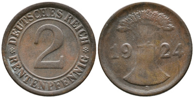 ГЕРМАНИЯ 2 РЕНТЕНПФЕННИГА 1924 A KM 31, J. 307 бронза 24-647