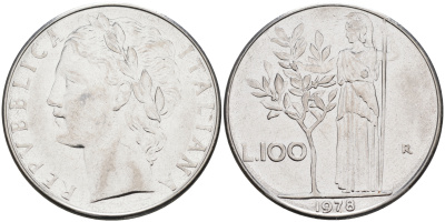 Италия 100 лир 1978 R, Афина KM 96.1 нержавеющая сталь 4117-336