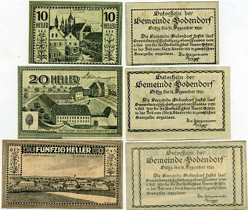 Австрия, Боденсдорф набор из 3 банкнот 10, 20, 50 геллеров 1920 31 декабря 1920, нотгельд   бумага  UNC (пресс) 7555-22-1-1