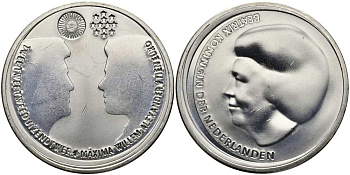 Нидерланды 10 евро 2002 королевская свадьба Виллема-Александра и принцессы Максимы KM 243 серебро UNC 650-1123