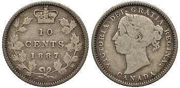 Канада 10 центов 1887 Виктория KM 3 серебро    1530-1244