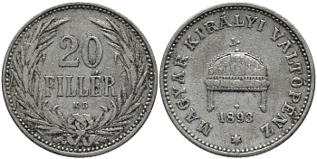 Венгрия 20 филлеров 1893 KB, Франц Иосиф I (1848-1916) KM 483 никель 4396-213
