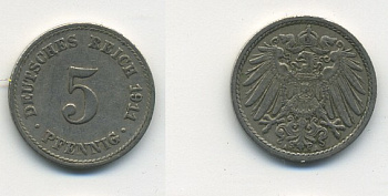 Германия 5 пфеннигов 1911 A KM 11, J. 12, Weege 6 медно-никель 23-1053