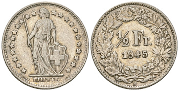 Швейцария 1/2 франка 1945 B KM 23 серебро 4615-1012