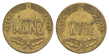 ФРГ жетон Wyge M?nz Дизайн жетона основан на имитации некоторых элементов монет пфенниг Федеративной Республики Германияб диаметр 23 мм, вес 7 гр латунь 4656-651