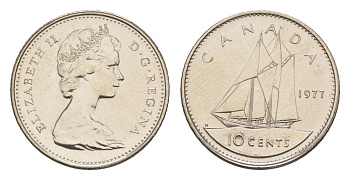 Канада 10 центов 1977 Елизавета II (1952-2022), парусник KM 77 никель PROOF-LIKE (BU) 4630-965