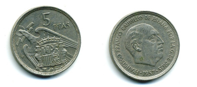 Испания 5 песет 1957 (75) Франциско Франко (1939-1975) KM 786 медно-никель 53-1113