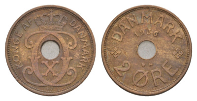 Дания 2 эре 1936 N, Кристиан X (1912-1947) KM 827 бронза 4658-239