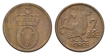 Норвегия 2 эре 1962 глухарь, Улаф V (1958-1991) KM 410 бронза 4702-262