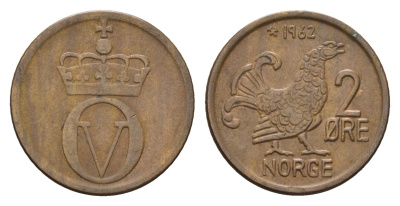 Норвегия 2 эре 1962 глухарь, Улаф V (1958-1991) KM 410 бронза 4702-262