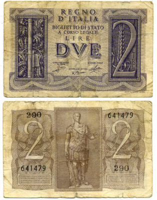 Италия 2 лиры 1939 Юлий Цезарь Pick 27, Grapanzano BS 14 7484-13-1-1