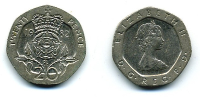 Великобритания 20 пенсов 1982 Елизавета II (1952-2022) KM 931, Spink 4230 (G1) медно-никель 4110-944