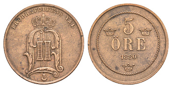 Швеция 5 эре 1880 Оскар II (1872-1907) KM 736 бронза 1518-743
