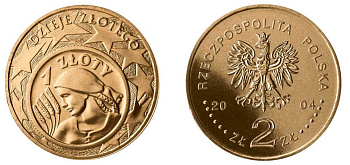 Польша 2 злотых 2004 MW, история злотого, монета на монете KM 479 латунь UNC 603-914