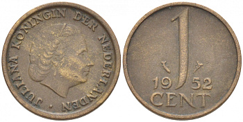 Нидерланды 1 цент 1952 Юлиана (1948-1980) КМ 180 бронза 3955-222