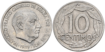 Испания 10 сентимо 1959 Франсиско Франко (1939-1975) KM 790 алюминий    4152-1116