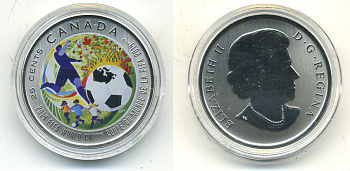 Канада 25 центов 2014 чемпионат мира по футболу в Бразилии, кубок FIFA, цветная эмаль, в оригинальной коробке с сертификатом KM NEW медно-никель UNC 7-1-75