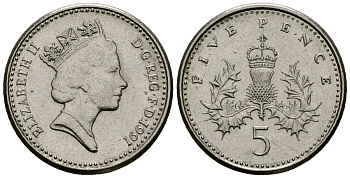 Великобритания 5 пенсов 1991 Елизавета II (1952-2022) KM 937b, Spink 4372 (D4) медно-никель 4173-754