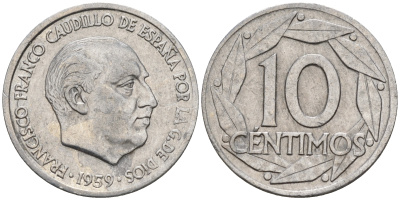Испания 10 сентимо 1959 Франсиско Франко (1939-1975) KM 790 алюминий    4152-1116