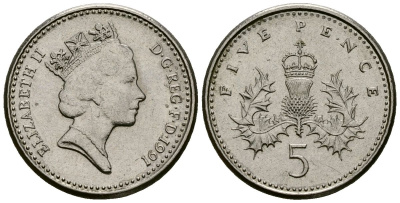 Великобритания 5 пенсов 1991 Елизавета II (1952-2022) KM 937b, Spink 4372 (D4) медно-никель 4173-754