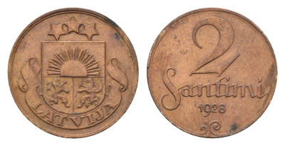 Латвия 2 сантима 1928 KM 2 бронза 4679-226