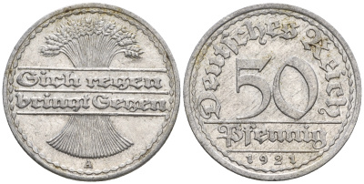 Германия 50 пфеннигов 1921 A KM 27, J. 301 алюминий 60-1122