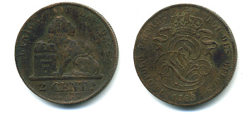 БЕЛЬГИЯ 2 САНТИМА 1863 BELGES KM 4.2 медь 86-1854