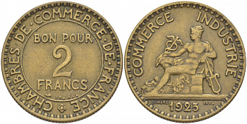 ФРАНЦИЯ 2 ФРАНКА 1925 25/3 KM 877 алюминиевая бронза 4403-133