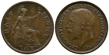 Великобритания 1/2 пенни 1925 Георг V (1910-1936) KM 809, Spink 4056 бронза 4385-417