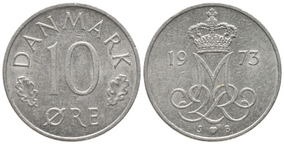 ДАНИЯ 10 ЭРЕ 1973 S; B, МАРГРЕТЕ II (1972-) KM 860.1 медно-никель 100-1147