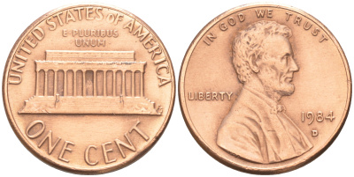 США 1 ЦЕНТ 1984 D, ЛИНКОЛЬН KM 201b цинк плакированный медью 188-326