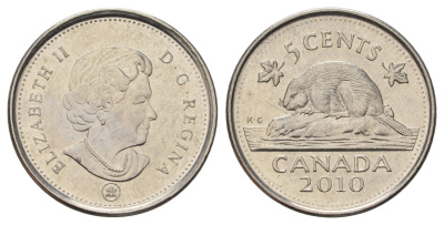Канада 5 центов 2010 Leaf, Елизавета II (1952-2022), бобр KM 491 сталь плакированная никелем 4689-525