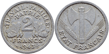 Франция 2 франка 1943 правительство Виши KM 904.1 алюминий 4397-723