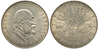 Австрия 25 шиллингов 1958 100 лет со дня рождения Карла Вельсбаха KM 2884 серебро aUNC 1520-145