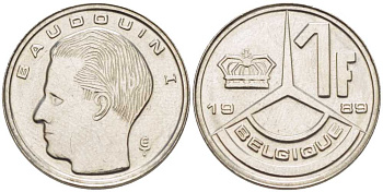 БЕЛЬГИЯ 1 ФРАНК 1989 BELGIQUE, БОДУЭН I (1951-1993) KM 170 железо плакированное никелем 206-223