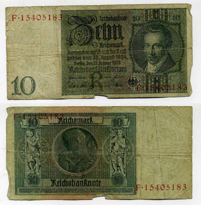 Германия 10 рейхсмарок 1929 Альбрехт Д. Тэер, буква R, серия F Pick 180a, Ros. 173е  бумага 6287-50-2-2