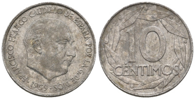 Испания 10 сентимо 1959 Франсиско Франко (1939-1975) KM 790 алюминий 4609-1111