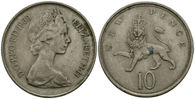 Великобритания 10 пенсов 1969 Елизавета II (1952-2022) KM 912, Spink 4231 (F1) медно-никель 4137-341