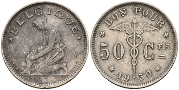 Бельгия 50 сантимов 1930 Belgique, Альберт I (1909-1934) KM 87 никель     188-515