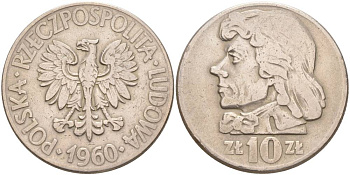 ПОЛЬША 10 ЗЛОТЫХ 1960 MW, ТАДЕУШ КОСТЮШКО KM 50 медно-никель 4545-835