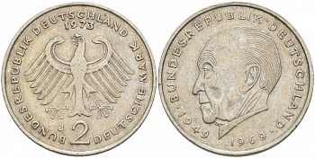 ФРГ 2 МАРКИ 1973 J, КОНРАД АДЕНАУЭР KM 124, J. 406 медно-никель плакированный никелем 3718-1056