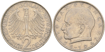 ФРГ 2 марки 1958 F, Макс Планк KM 116, J. 392 медно-никель плакированный никелем 4126-1257