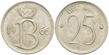 БЕЛЬГИЯ 25 САНТИМОВ 1966 BELGIQUE KM 153.1 медно-никель 4532-463